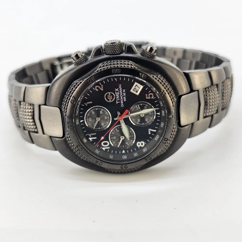 VTG Timex Expedition Chronograph Men Watch 38MM Blue Dial Date 7.75